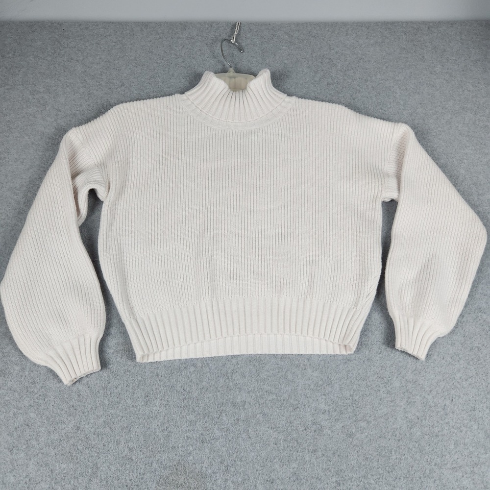 Women Cropped Sweater Small Off-White Ribbed Knit Stretch Long Sleeve Mock Neck